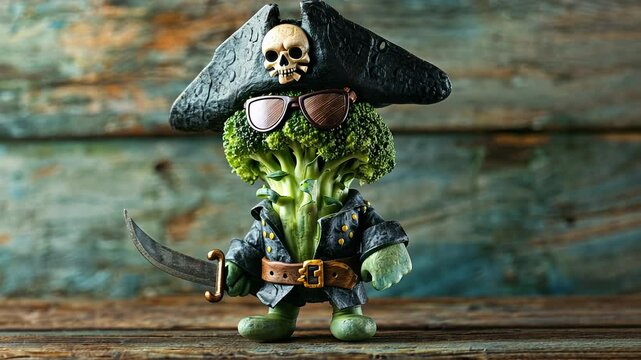 Broccoli pirate standing on wooden table