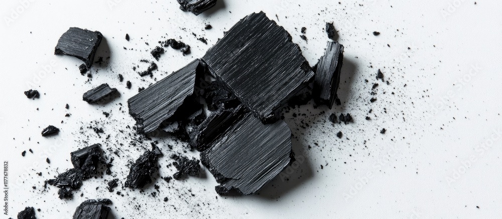 Poster charcoal fragments on white surface with space for text suitable for nature or art related projects