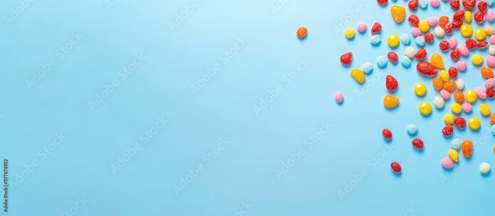 Poster colorful candy scattered on a blue background with ample empty space for text in a flat lay composit