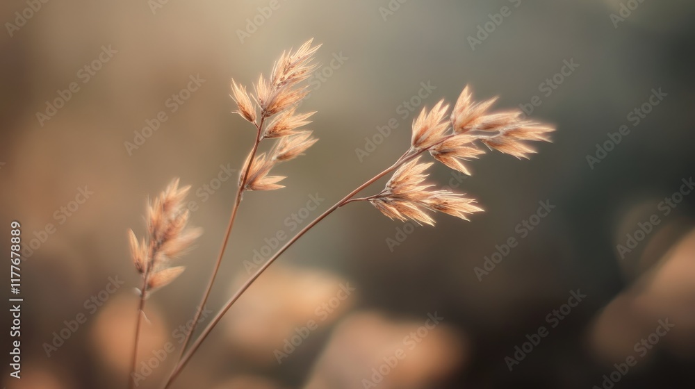 Poster soft bokeh effect on delicate grass flowers creating a tranquil and soothing atmosphere in a natural