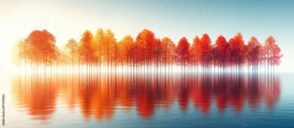 Poster autumn trees with vibrant foliage reflected in calm waters creating a serene landscape with space fo