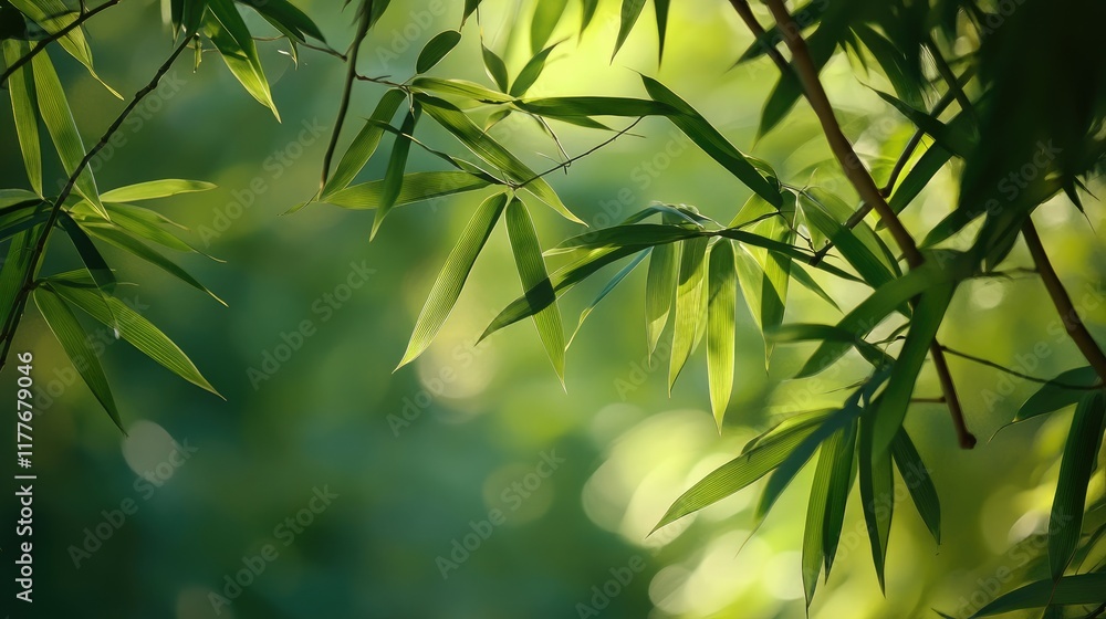 Poster lush bamboo leaves and branches with sunlight filtering through creating a serene natural background