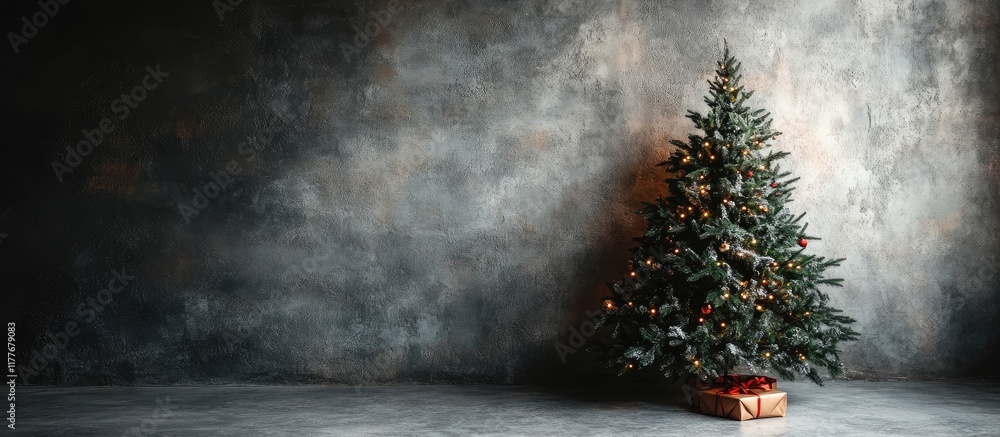 Poster black christmas tree with spacious branches in a minimalist concrete setting featuring copyspace for
