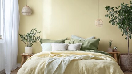 Cozy bedroom with pastel lemon yellow accents and greenery for a serene atmosphere