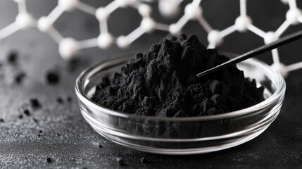 Black Boron Nitride Powder in Bowl Representing Super Lubricant and Thermal Conductor with Molecular Structure Background