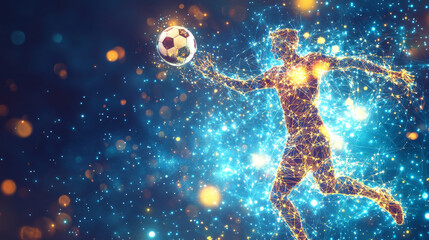 Football of the particles. The player juggles the ball. Silhouette of a football player consists of points and circles. Vector illustration.