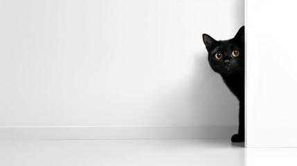 Curious black cat peeking from behind a wall in a minimalist room with ample copyspace for text and humorous undertones