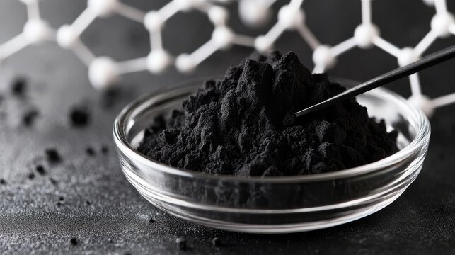 Black Boron Nitride Powder in Bowl Representing Super Lubricant and Thermal Conductor with Molecular Structure Background