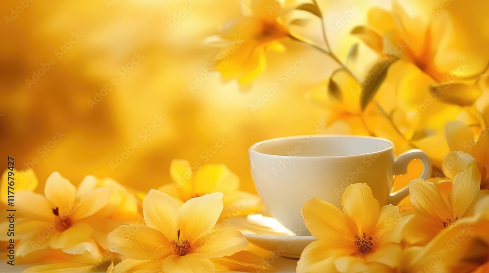 Poster yellow flowers with a white cup in a soft focus background creating a serene and warm atmosphere for