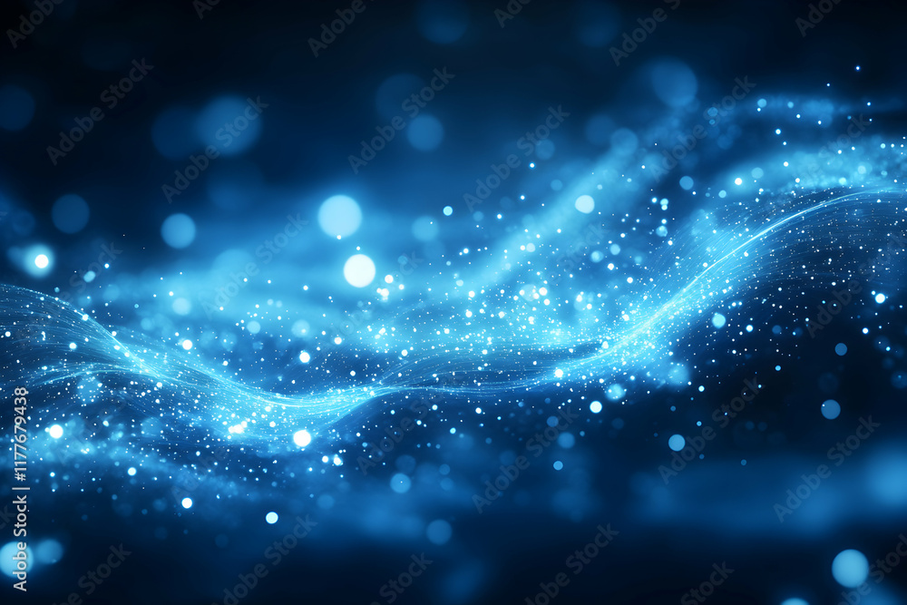 Poster abstract blue wave background with glowing particles and bokeh lights; perfect for technology, scien