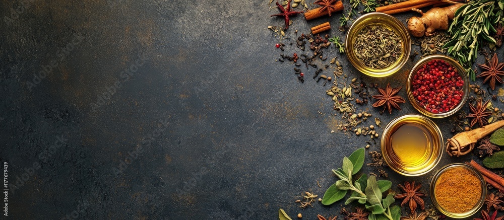 Poster banner featuring an array of gourmet spices herbs and teas with ample empty space for personalized t