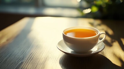 Obraz premium Assam and Darjeeling Tea in a White Cup with Soft Lighting and Natural Background Highlighting Brewed Tea's Rich Color and Texture