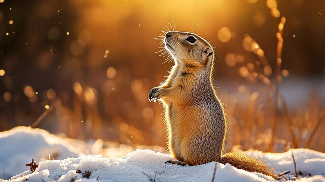 European ground squirrel looking up, enjoying golden sunset and snowflakes in winter scenery