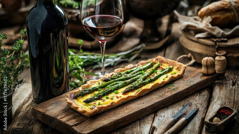 Poster asparagus quiche with red wine and saffron in rustic setting on wooden table with fresh herbs