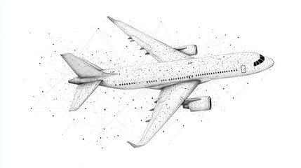 The plane consists of points, lines and triangles. The polygon shape in the form of a silhouette of an airplane on a white background. Vector illustration