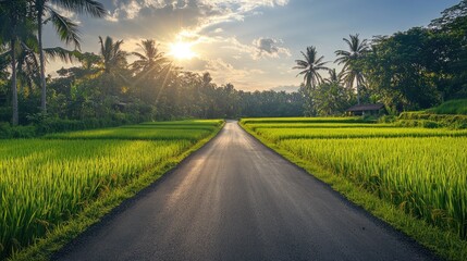 Fototapeta premium Asphalt road winding through lush green rice fields under a vibrant sky ideal for rural landscape imagery and travel themes