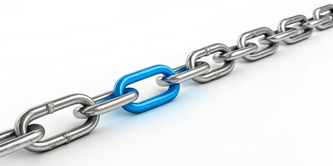 Obraz premium A metallic chain features a distinct blue link among its silver links, creating a striking contrast. The design emphasizes uniqueness and connectivity.AI