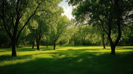 Fototapeta premium Lush Green Landscape with Sunlit Trees and Vibrant Grass in a Serene Natural Setting