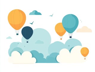 Colorful Hot Air Balloons Flying Through the Clouds -  Vector Illustration