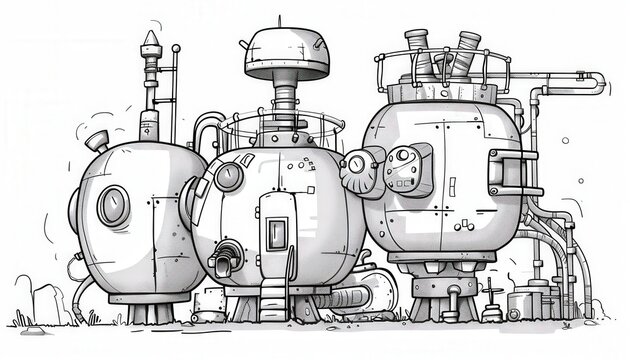 Whimsical steampunk factory with interconnected pods and pipes. Perfect for a game asset, children's book illustration, or concept art.