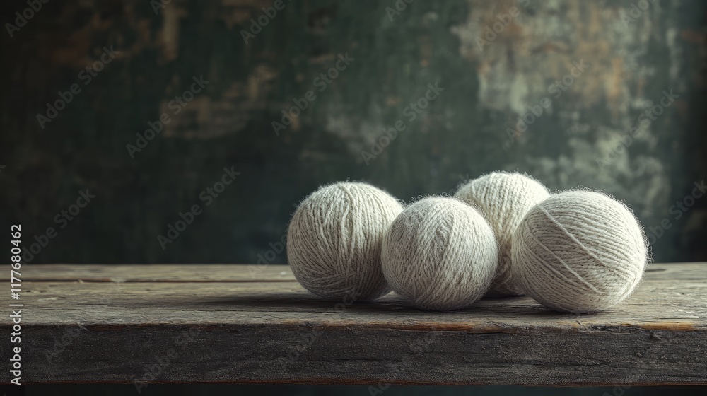 Poster natural wool balls resting on a rustic wooden table with a textured background showcasing craftsmans