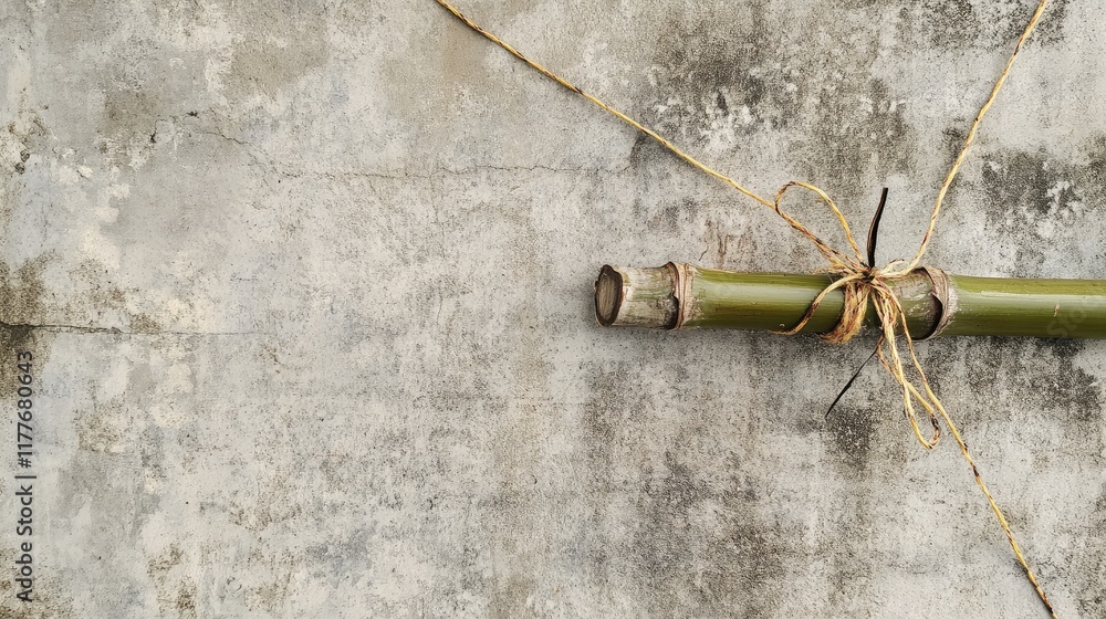 Poster bamboo stick tied with string against a textured concrete wall creating a rustic and natural aesthet
