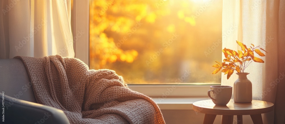 Poster cozy autumn setting with warm light and empty space for text in a tranquil home environment