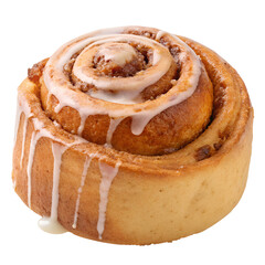 A freshly baked cinnamon roll drizzled with vanilla glaze, isolated on a transparent background