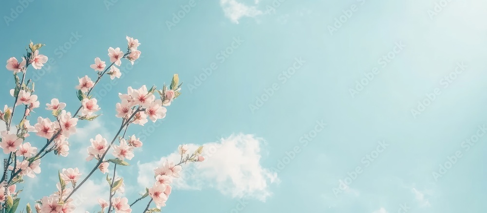 Aufkleber spring flower banner with blue sky and clouds background offering ample space for text and design el