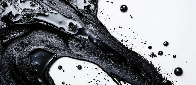 Black tar liquid with bubbles on white background creative design element for abstract composition and text placement