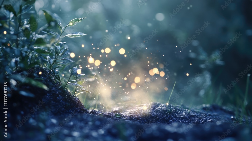 Poster magical bokeh light sparkling on wet ground surrounded by lush greenery in a serene natural setting