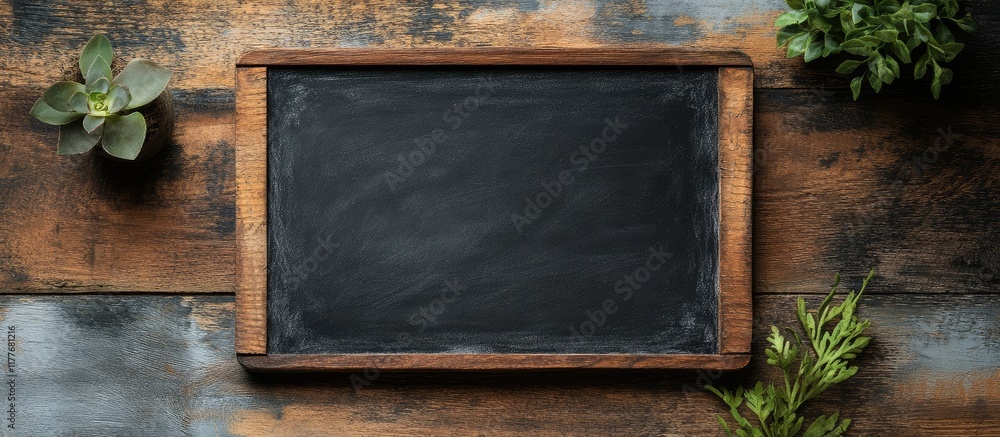 Poster black chalkboard mockup on rustic wooden table surrounded by greenery with ample copyspace for perso