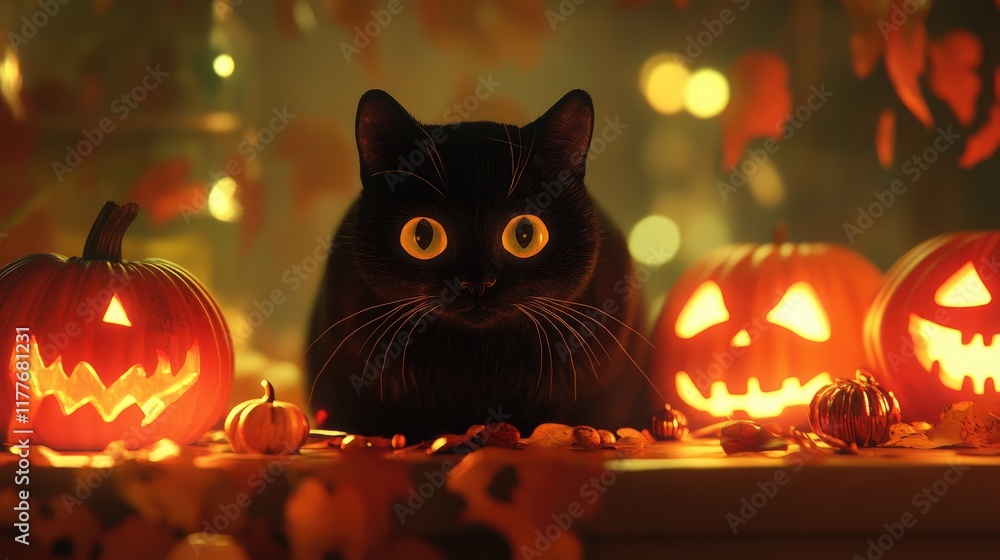 Poster black cat on a decorated halloween table with pumpkins and autumn leaves creating a spooky atmospher