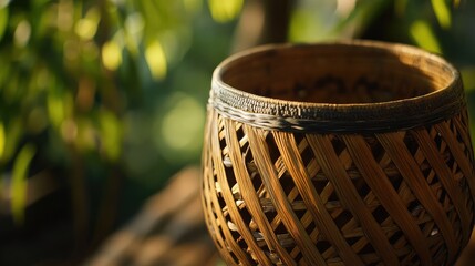 Close up of intricate bamboo basketry pattern showcasing artisanal craftsmanship and natural textures in soft daylight setting. ©  AugmentArt