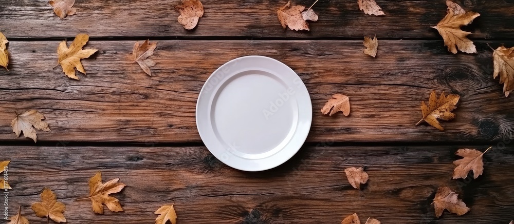 Aufkleber autumn table setting rustic wooden table with white plate surrounded by fallen leaves and empty spac