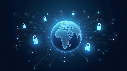 A glowing globe surrounded by floating padlocks and shields, representing global cybersecurity