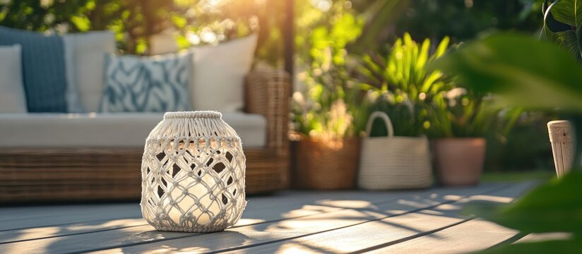 Coastal style macrame pendant lamp highlighting outdoor terrace with natural light and wooden flooring inviting serene relaxation atmosphere