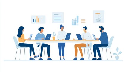 Diverse Team Working Together on Project in Office Meeting, Teamwork and Collaboration Concept Illustration