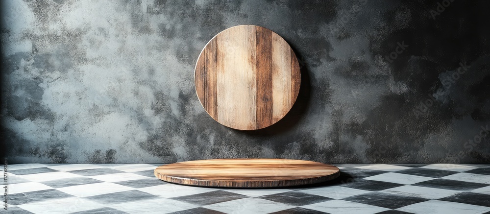Poster wooden circular sign displayed above a checkered tiled floor with grungy wall ideal for showcasing p