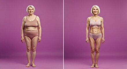 Transformation journey of mature caucasian woman in fitness and weight loss progress