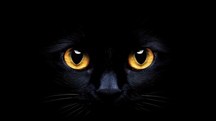 Black cat with striking yellow eyes against a dark background offering ample copyspace for creative text and marketing purposes