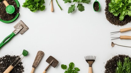 Essential gardening tools and lush plants on a bright white background for your green thumb