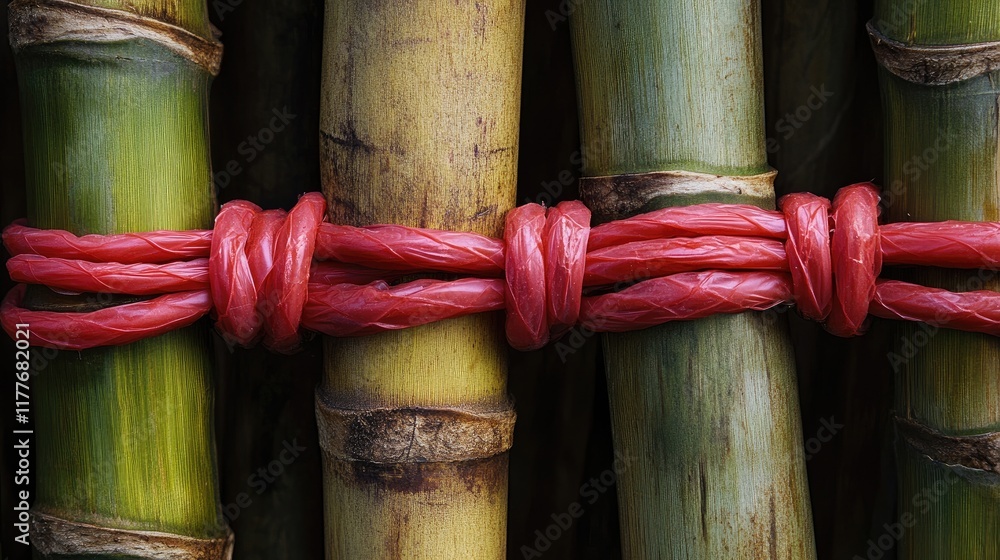 Poster bamboo stalks securely bound with bright red plastic ropes creating a striking visual contrast and t