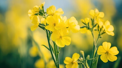 Fototapeta premium Vibrant canola flowers blooming in a serene farm landscape under a clear blue sky capturing the essence of nature's beauty and agricultural life