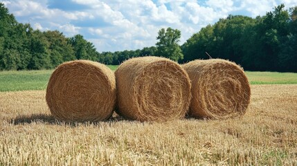 Bales of Hay in Field Surrounded by Forest Under Cloudy Blue Sky on Sunny Day