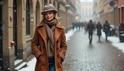 Obraz premium Woman in winter coat enjoying snowfall on city street