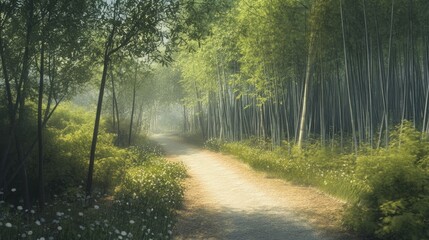 Obraz premium Serene Bamboo Forest Path with Soft Daylight and Lush Greenery in Tranquil Nature Scene