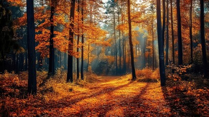 Fototapeta premium Autumn Forest with Vibrant Orange Leaves and Sunlight Through Trees in a Peaceful Natural Setting