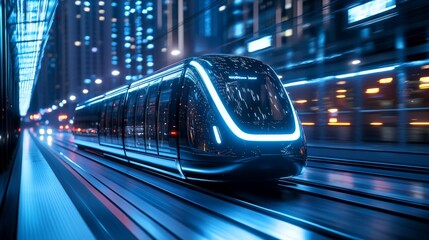 Fototapeta premium Futuristic tram in neon city