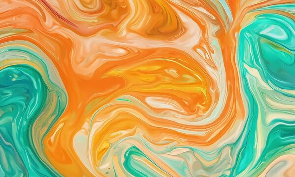 Swirling colors of orange and teal in seamless fluid art pattern background 